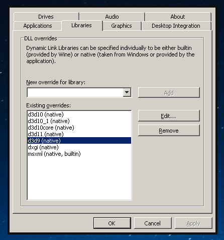 Wine config showing the d3d9 library in native mode